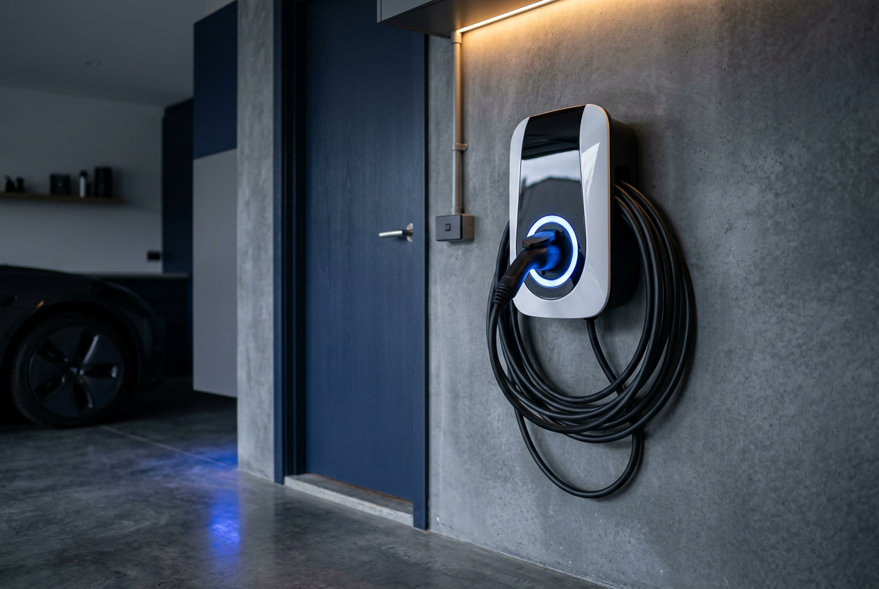 Wall-mounted Type-2 tethered EV charger with blue LED ring in a modern polished concrete garage.