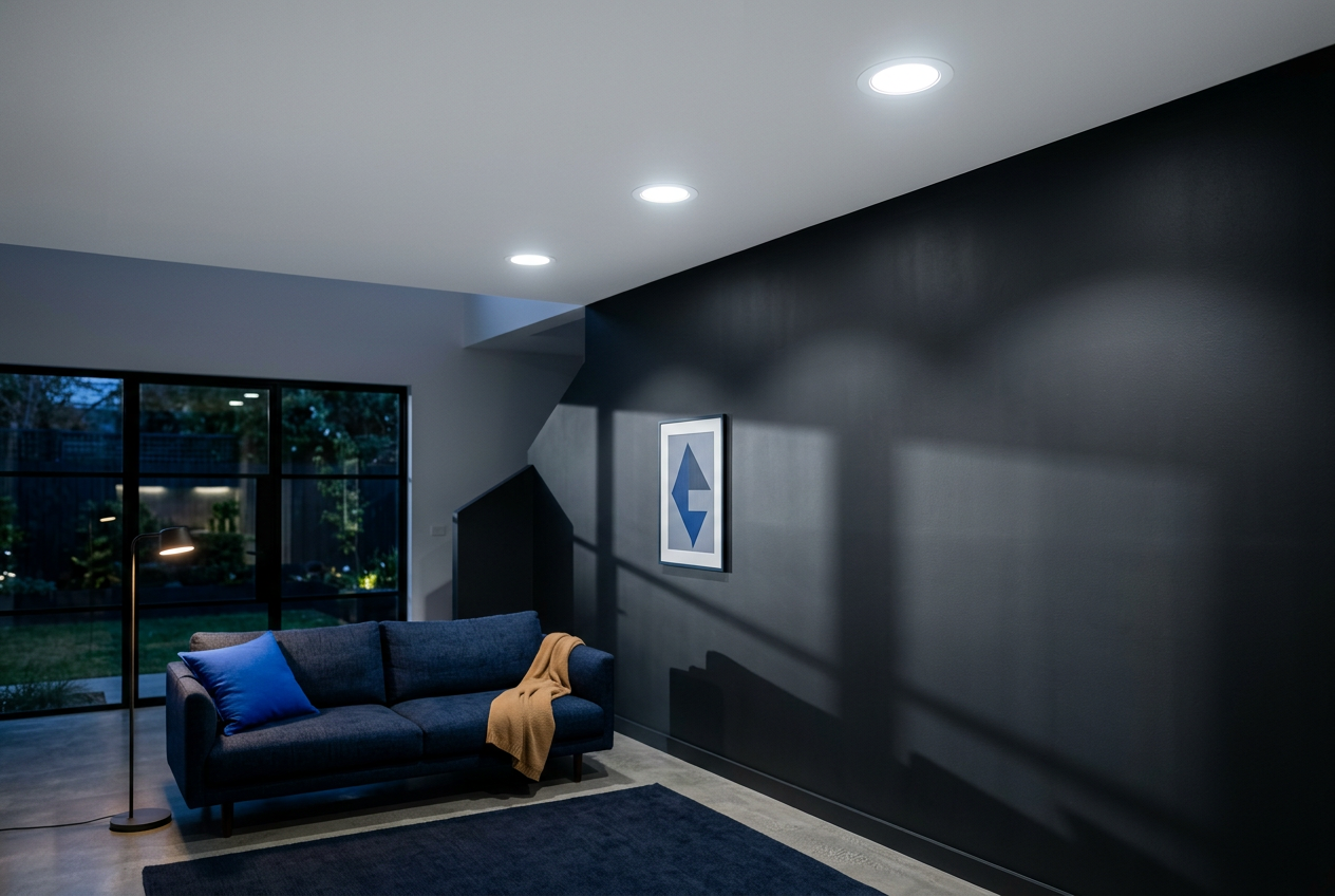 Recessed CCT-adjustable LED downlights glowing cool white in a modern living room ceiling.