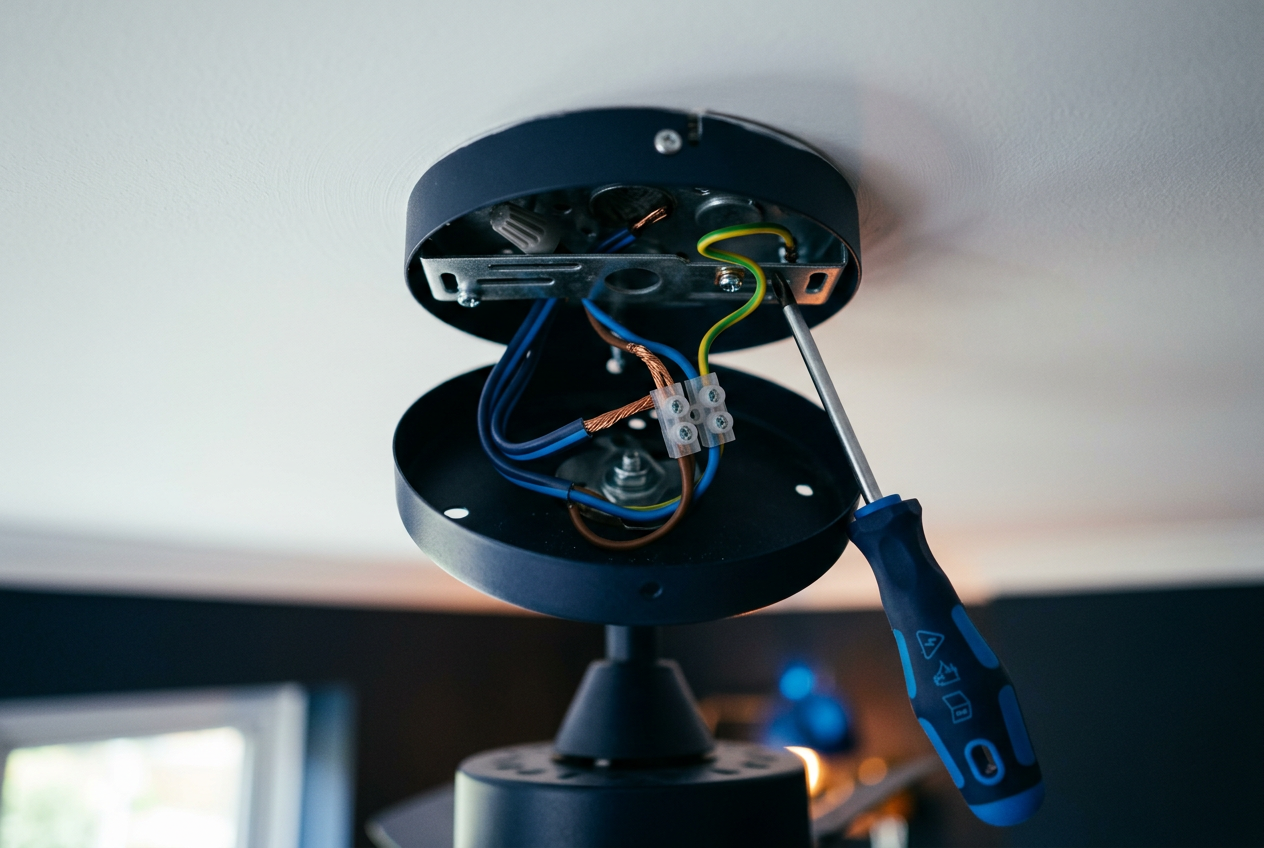 Ceiling fan canopy open on a fresh white ceiling showing tidy new wiring and insulated screwdriver.