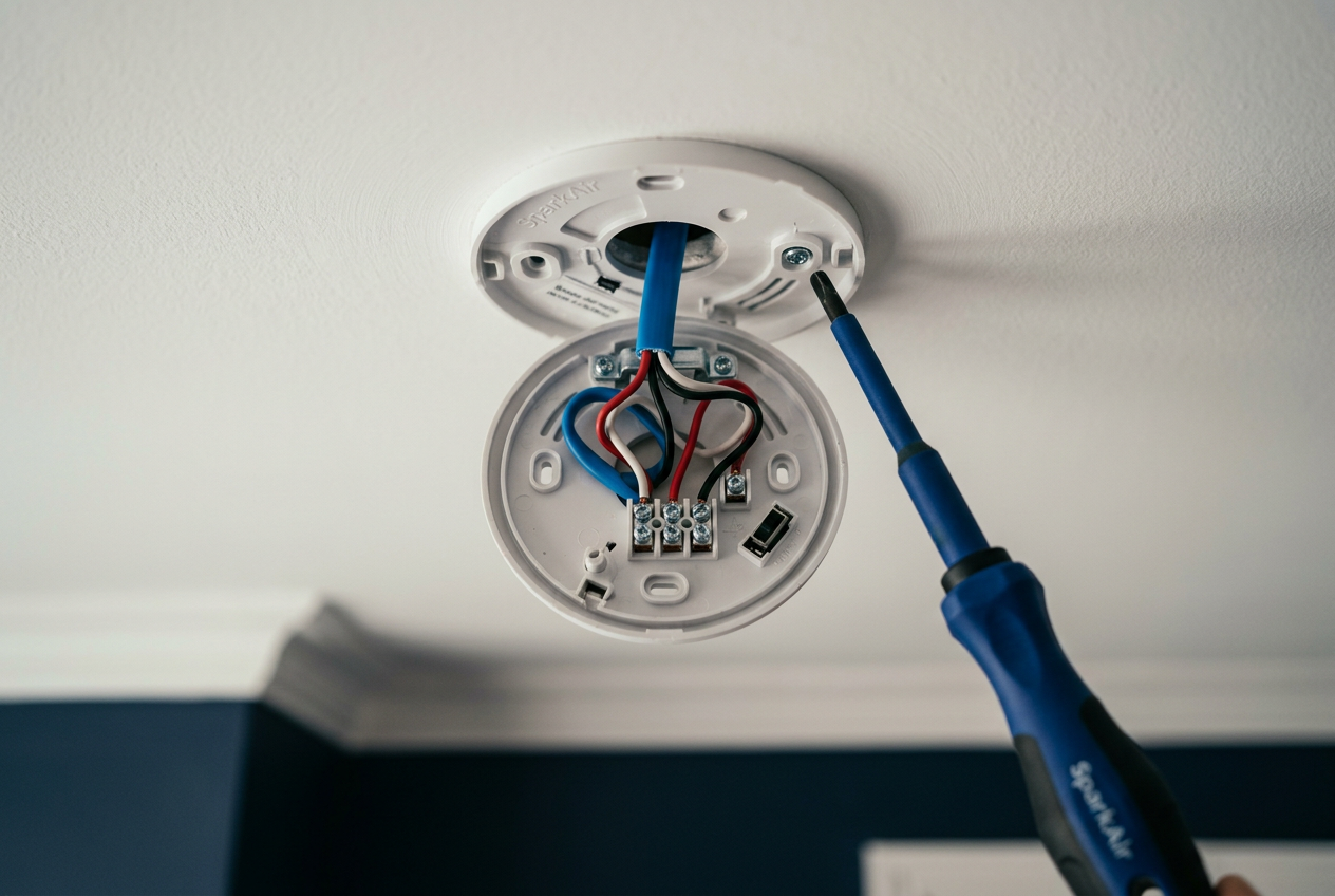 Smoke alarm base opened on a white ceiling showing tidy interconnect wiring and an insulated screwdriver.