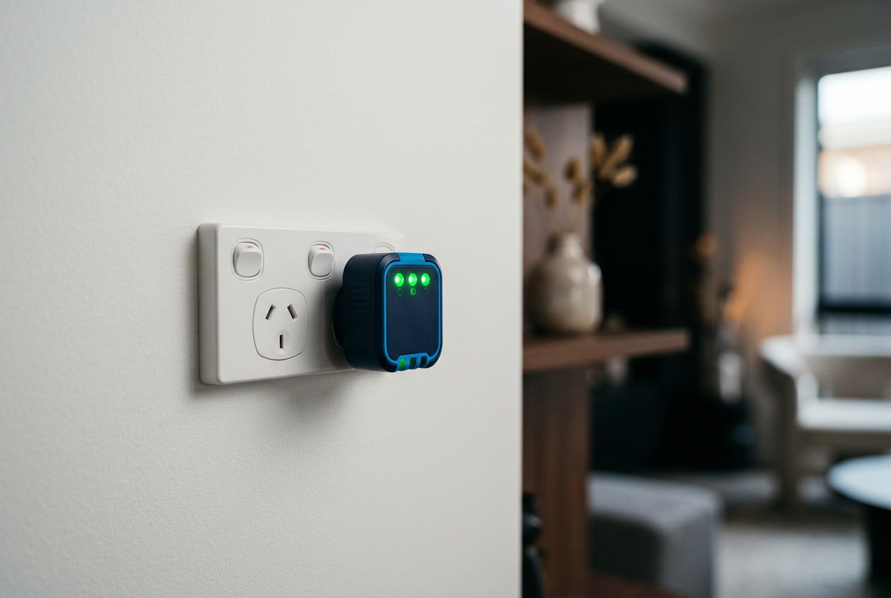 Plug-in socket tester showing green pass LEDs in a modern Australian double GPO.