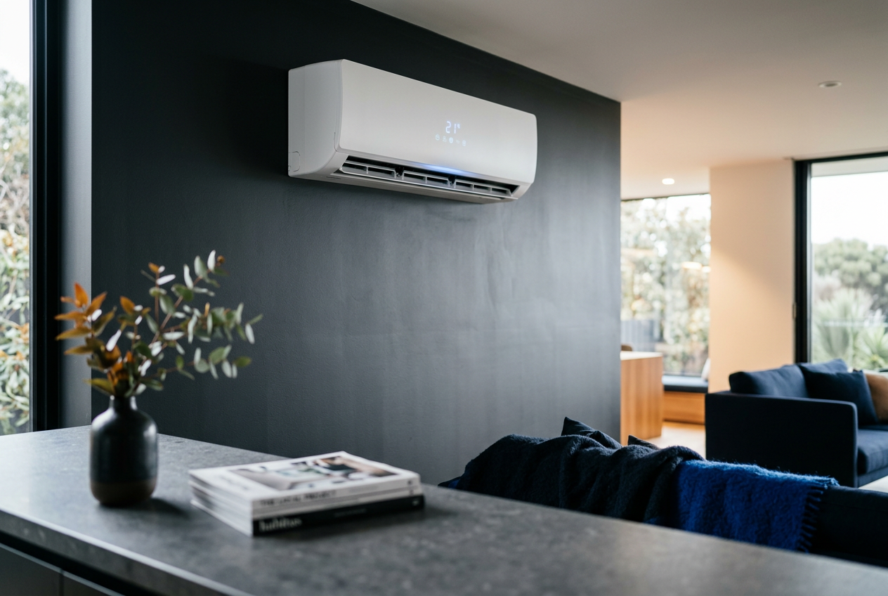 Sleek white DC-inverter split system head unit on a matte charcoal wall in a modern Australian living room.