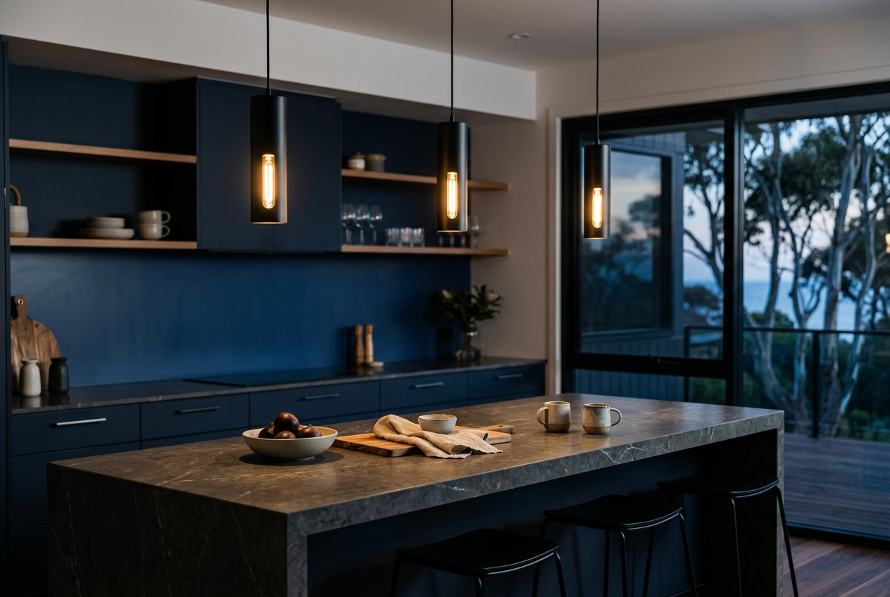 Matte-black pendant lights suspended over an engineered stone kitchen island.