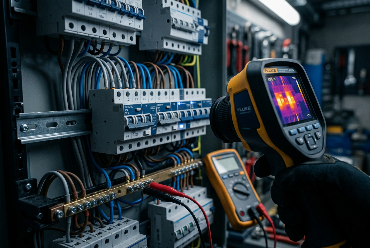 Modern switchboard under inspection with thermal imaging camera and multimeter test leads.