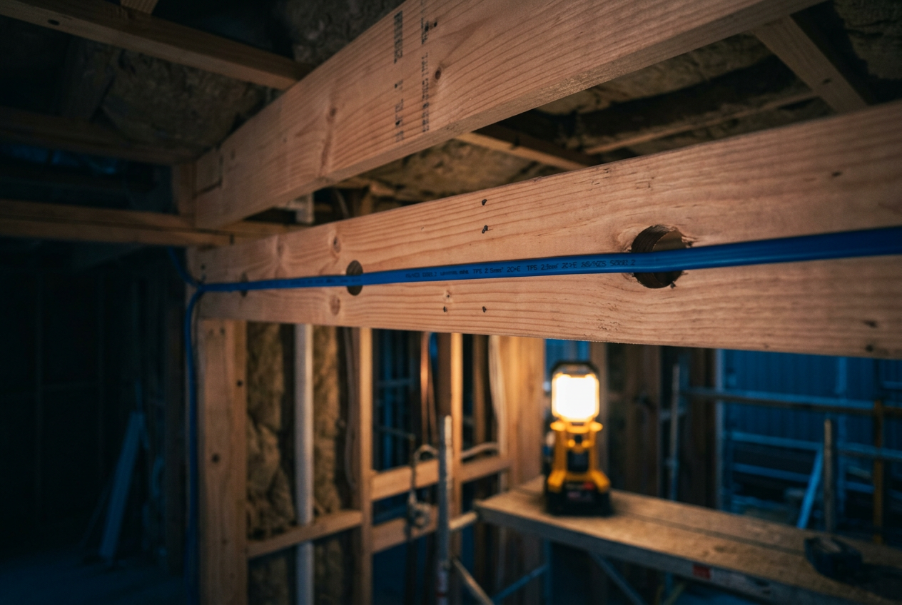 Blue TPS cable run neatly through drilled timber ceiling joists during rough-in.