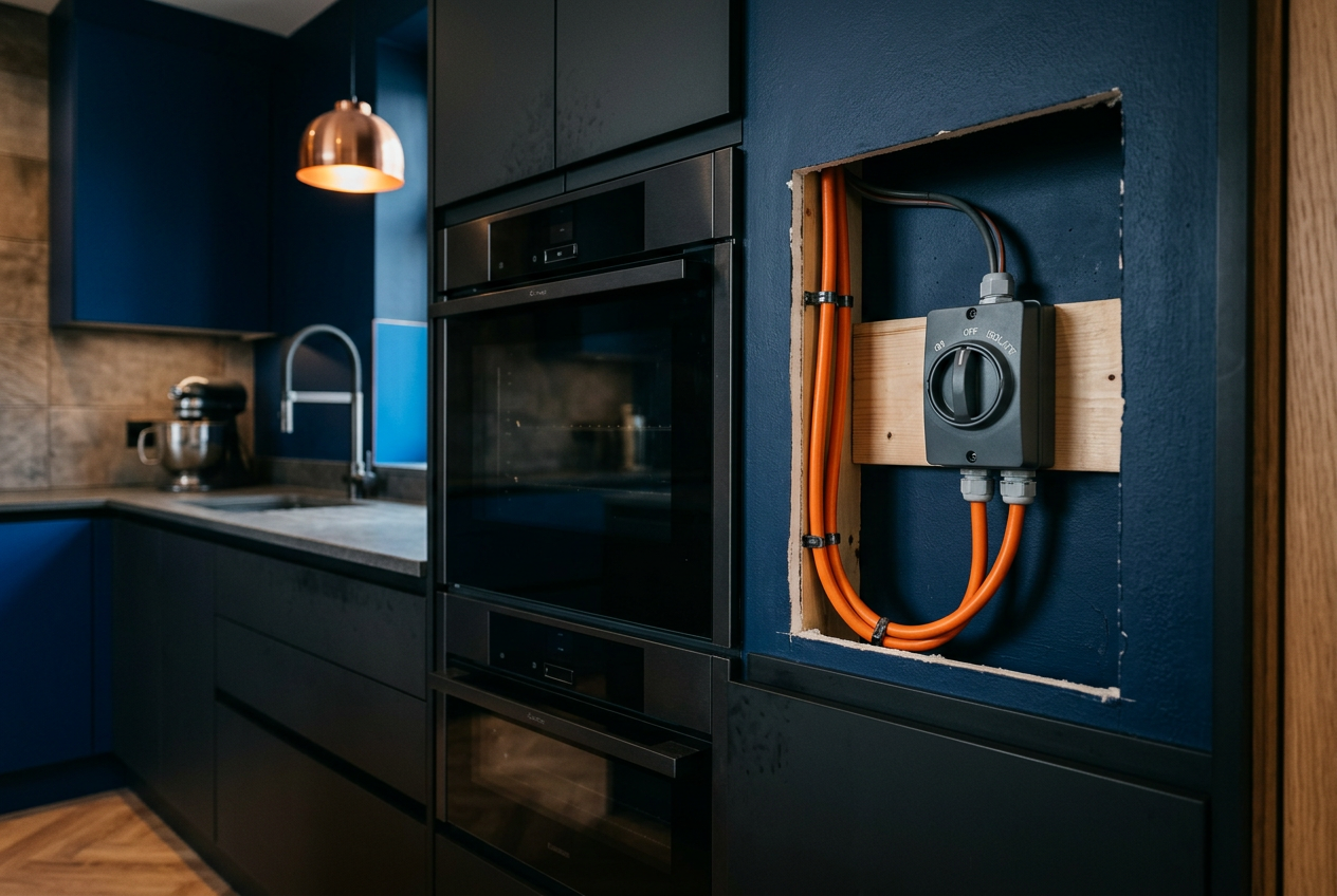 Wall oven cavity open in a new kitchen showing 32A cabling and a modern rotary isolator switch.