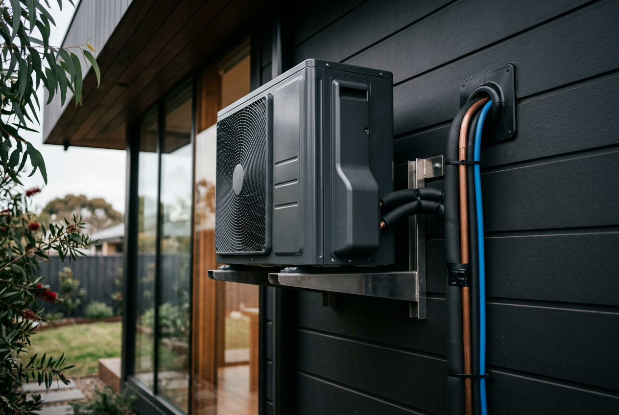 Outdoor inverter condenser on a brushed steel bracket with lagged copper pipework on contemporary cladding.