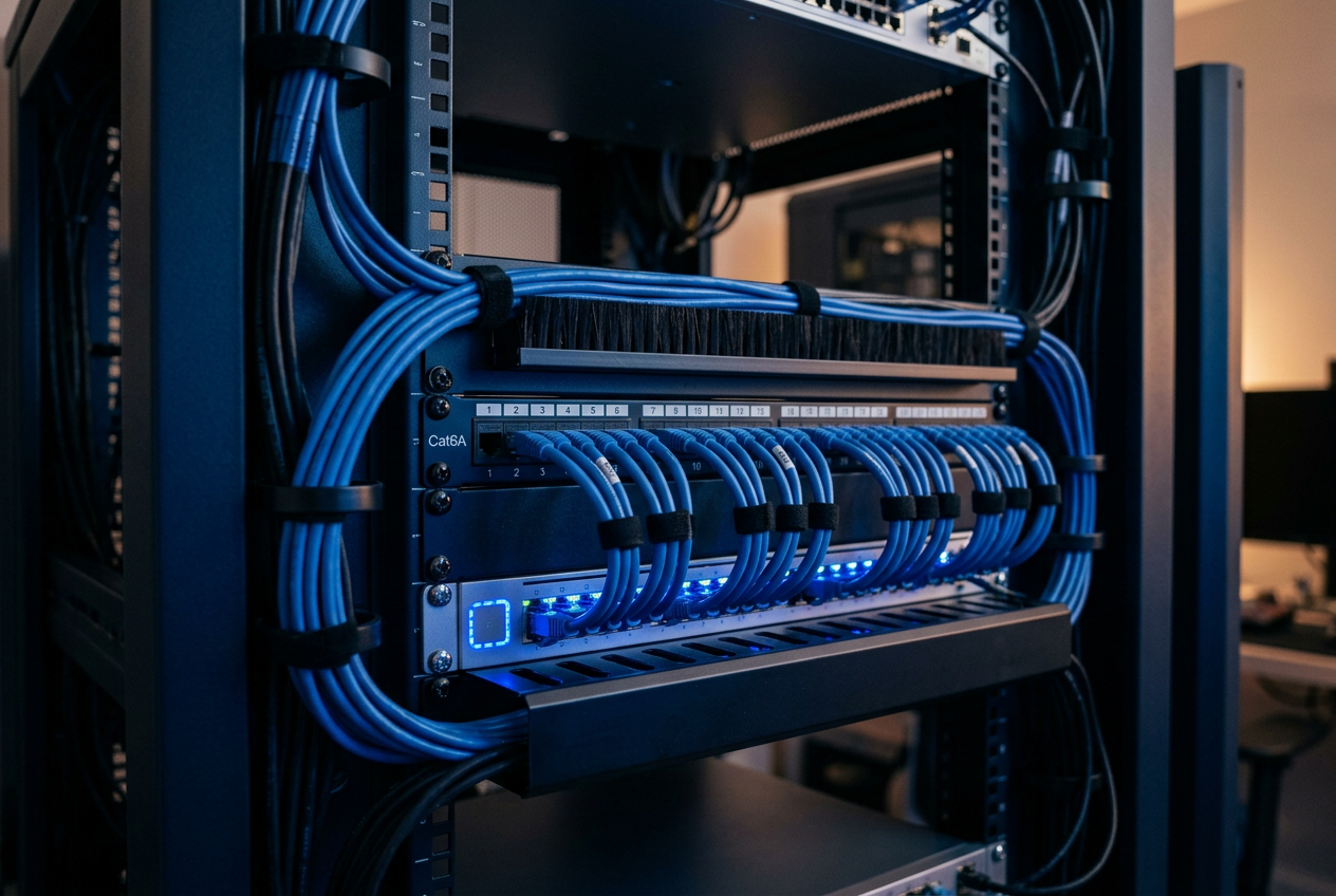 Modern comms cabinet with a neatly dressed Cat6A patch panel and blue patch leads.