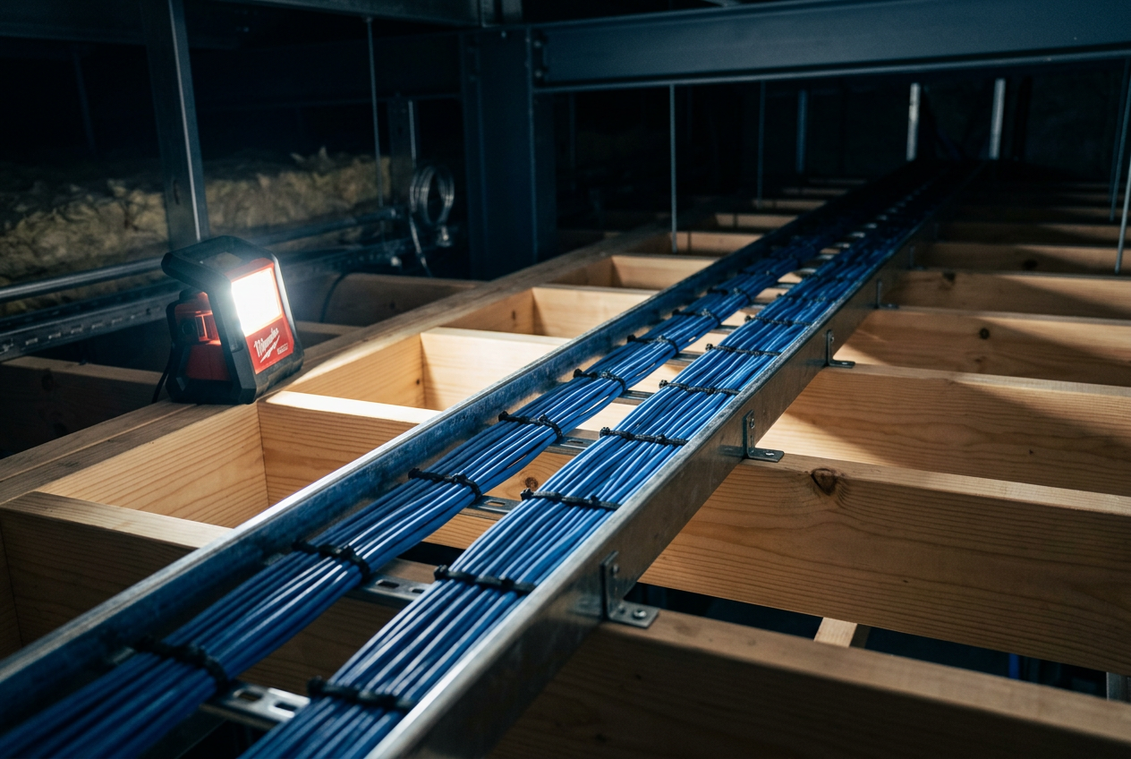 Fresh cable tray with neatly tied blue cables running through a new-build ceiling void.