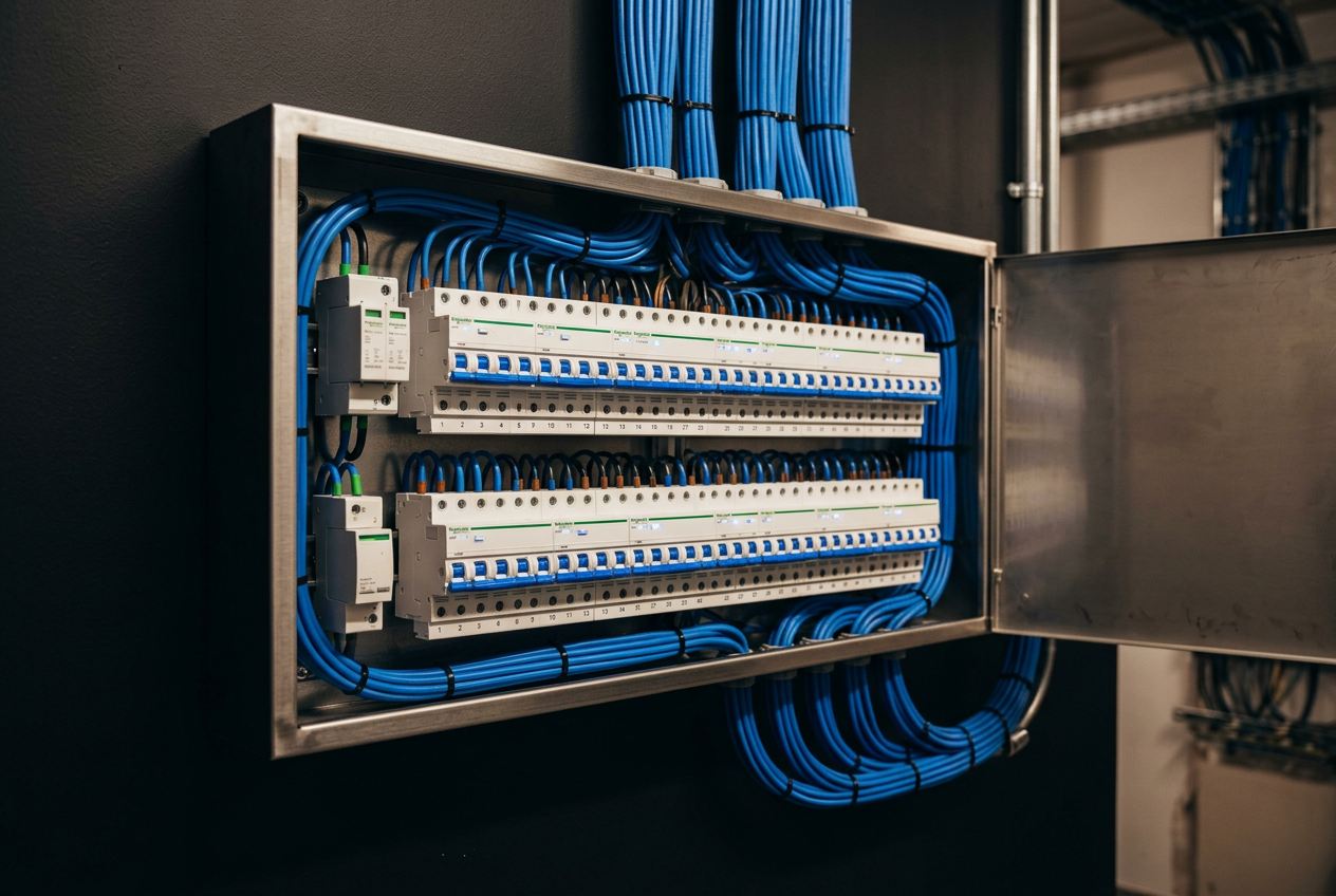Modern DIN-rail switchboard with neatly dressed blue cabling and RCBO protection.