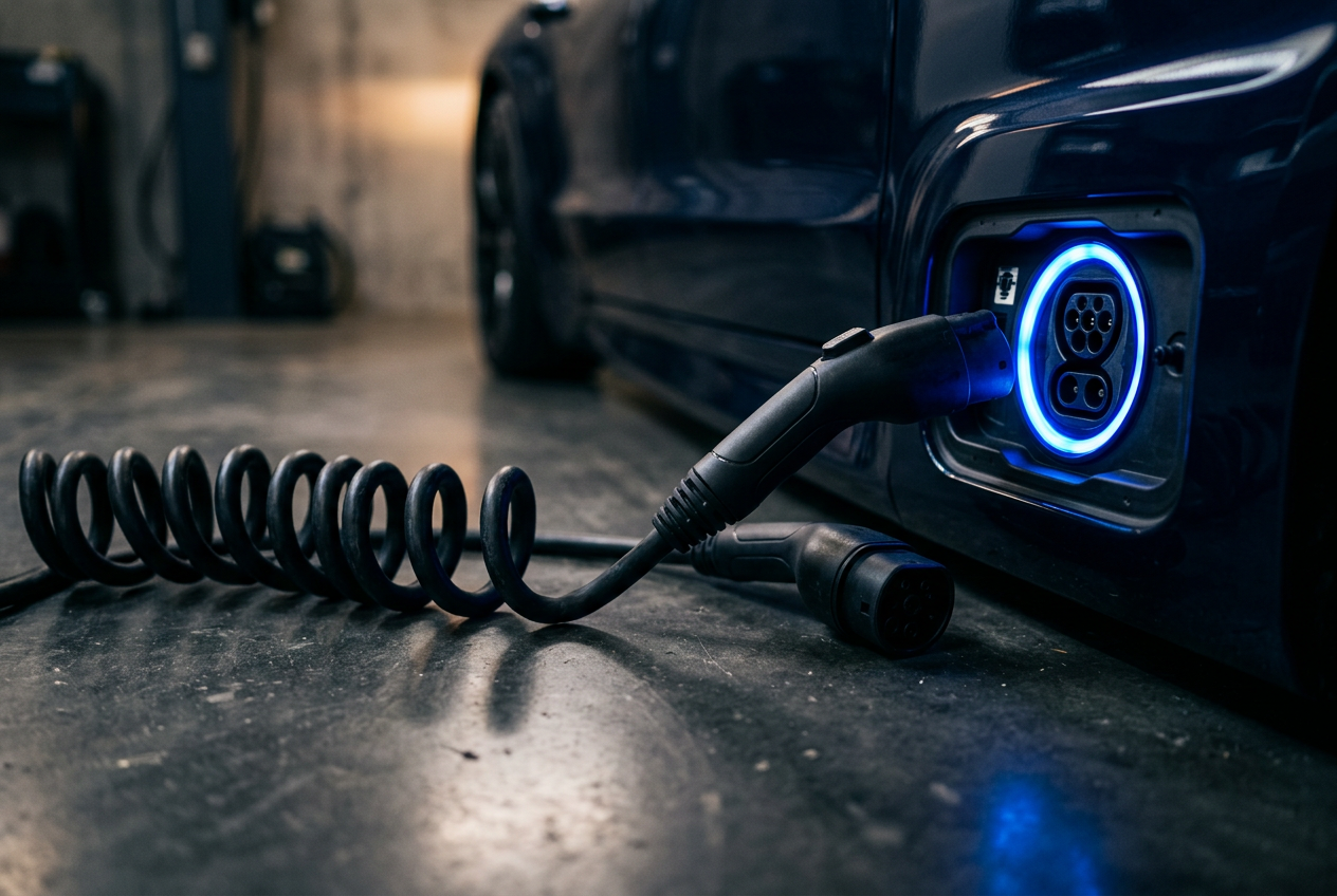 Coiled Type-2 charging cable on polished concrete beside a modern EV charge port glowing blue.