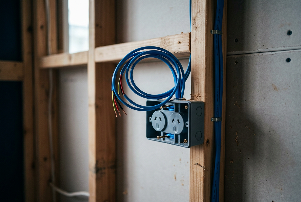New double outlet rough-in with blue TPS cable in a timber stud wall.