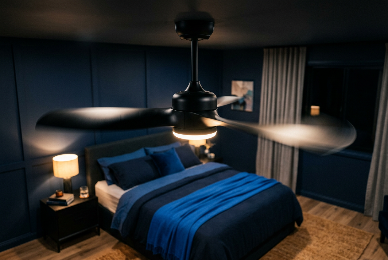 Modern DC motor ceiling fan with integrated LED light in motion in a contemporary bedroom.