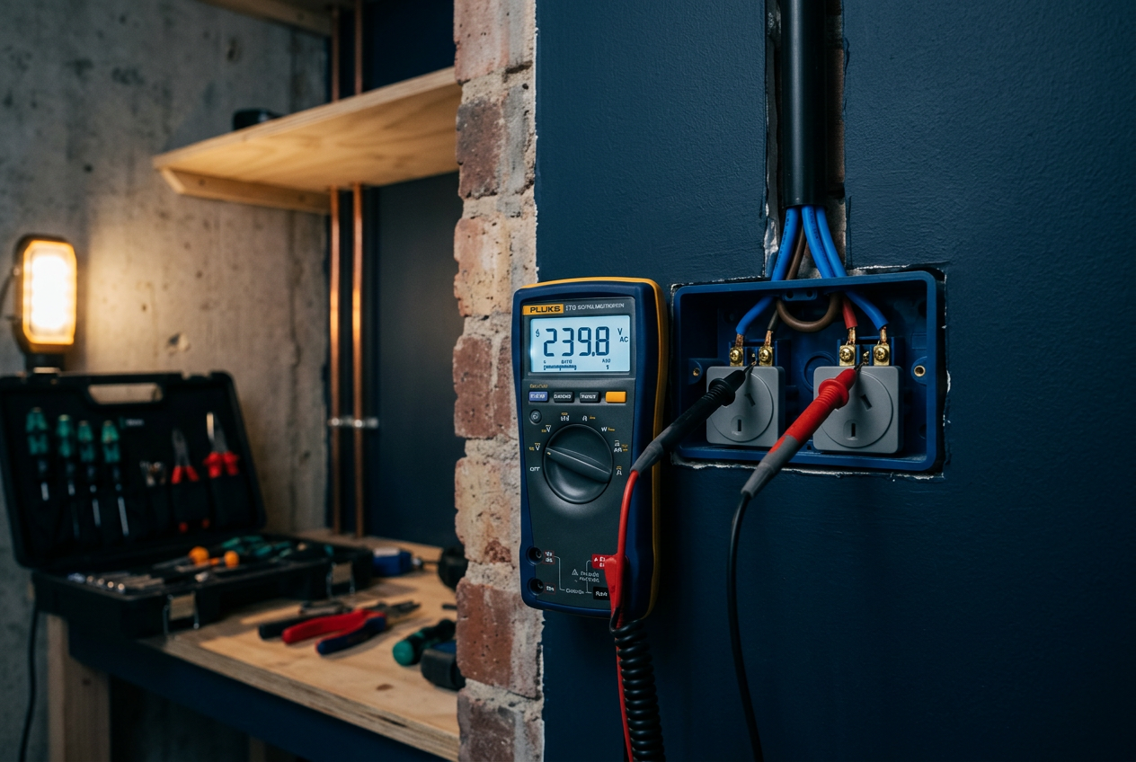 Digital multimeter testing a new powerpoint termination in a modern renovation.