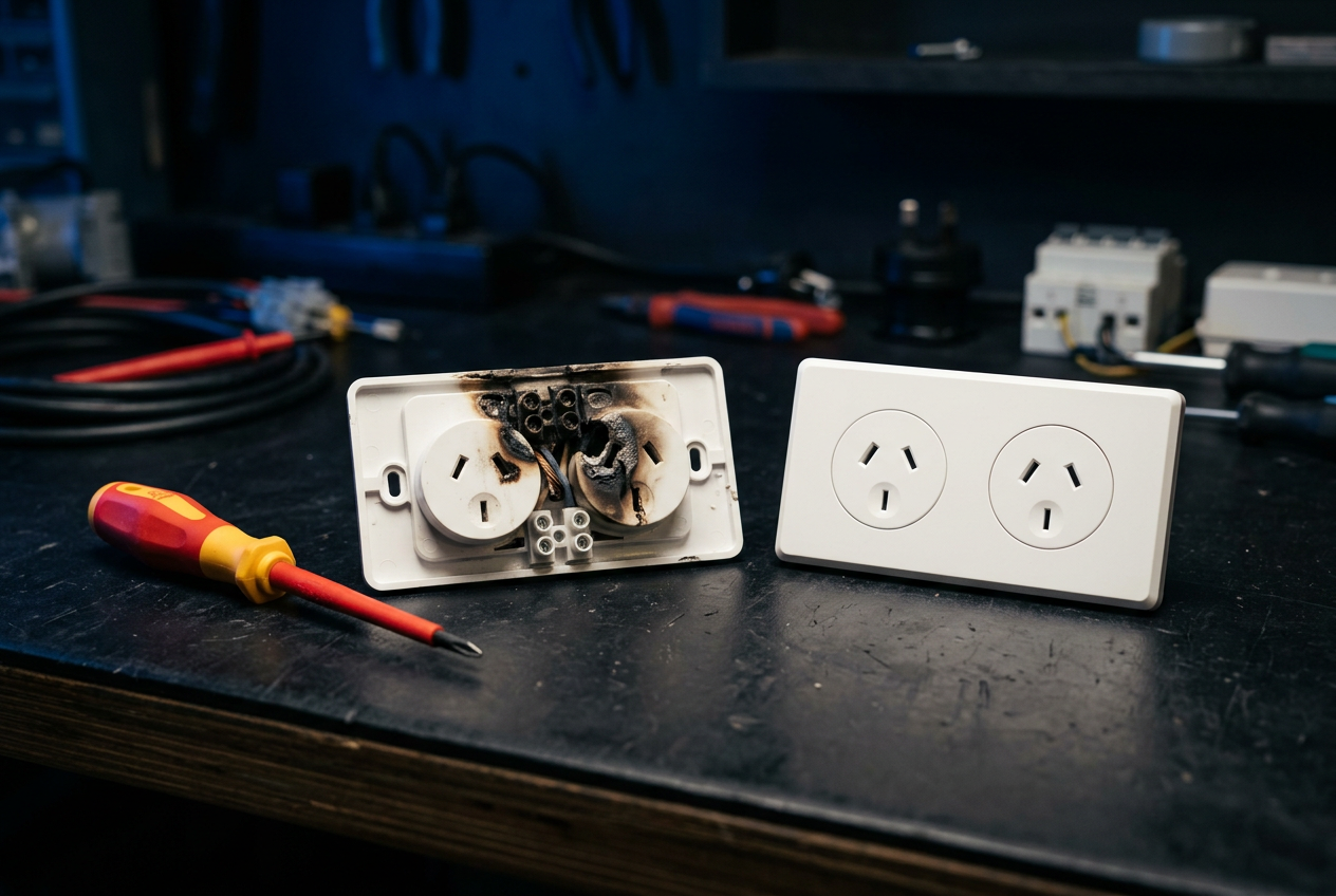 Failed burnt double powerpoint beside a new replacement on a workshop bench.