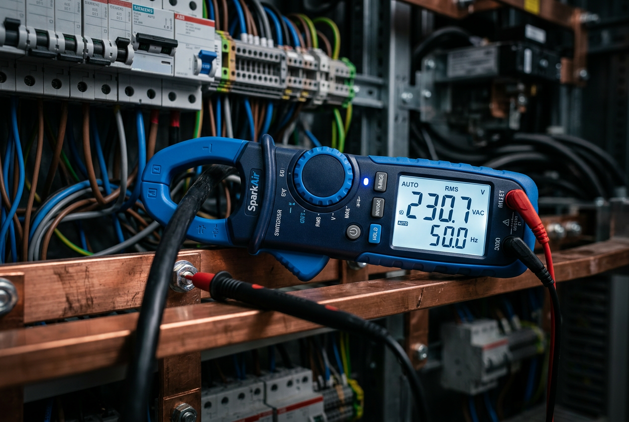 Close-up of a modern residential switchboard with neatly wired RCBOs and safety switches.