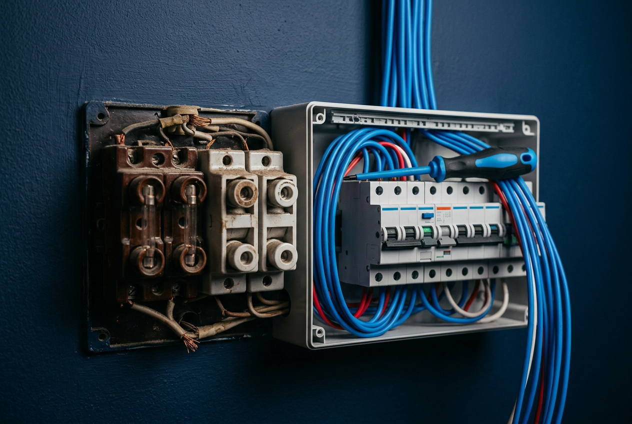 Old fuse board beside a newly installed switchboard during an upgrade.