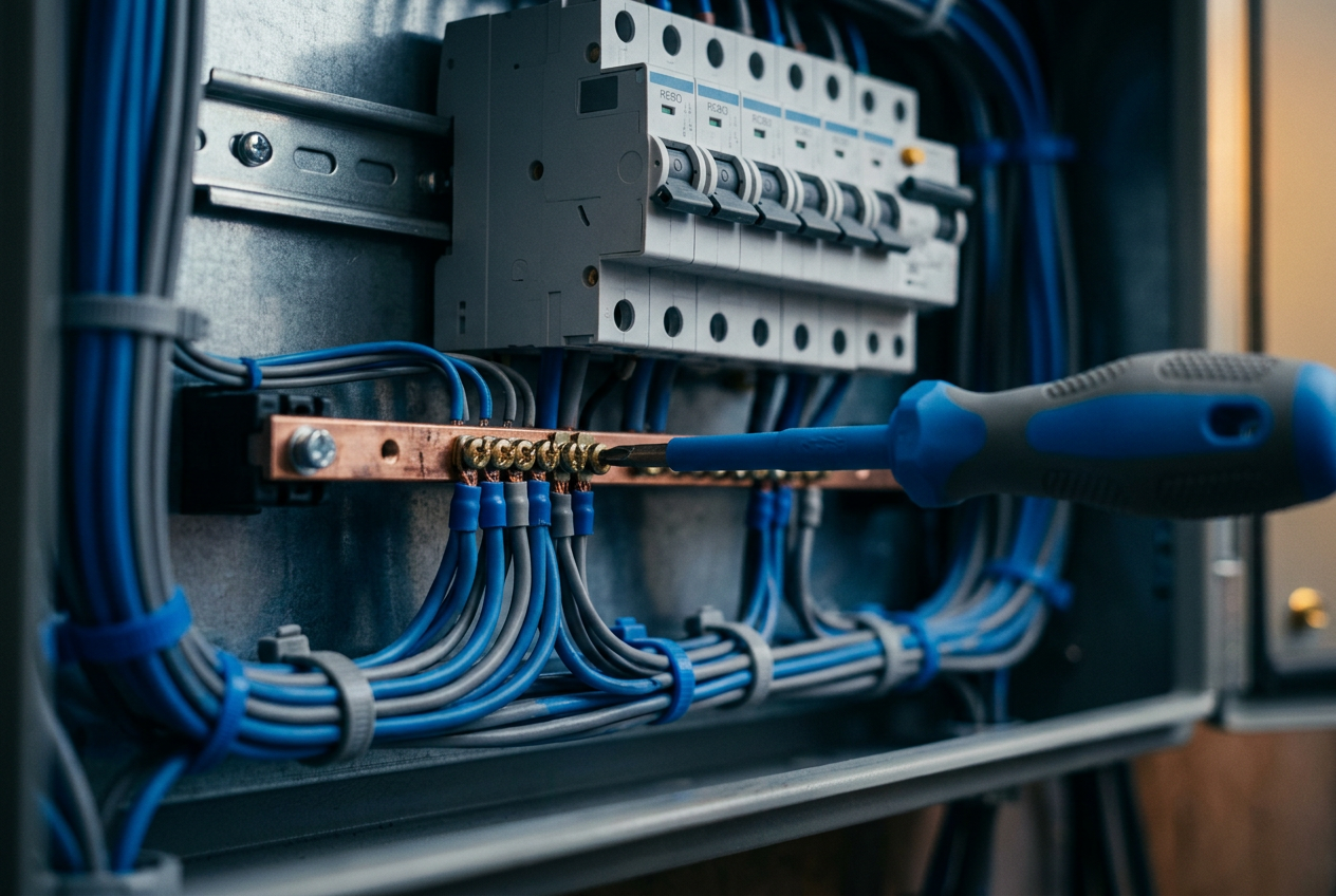 Blue-handled insulated screwdriver terminating a neutral bar in a new switchboard.