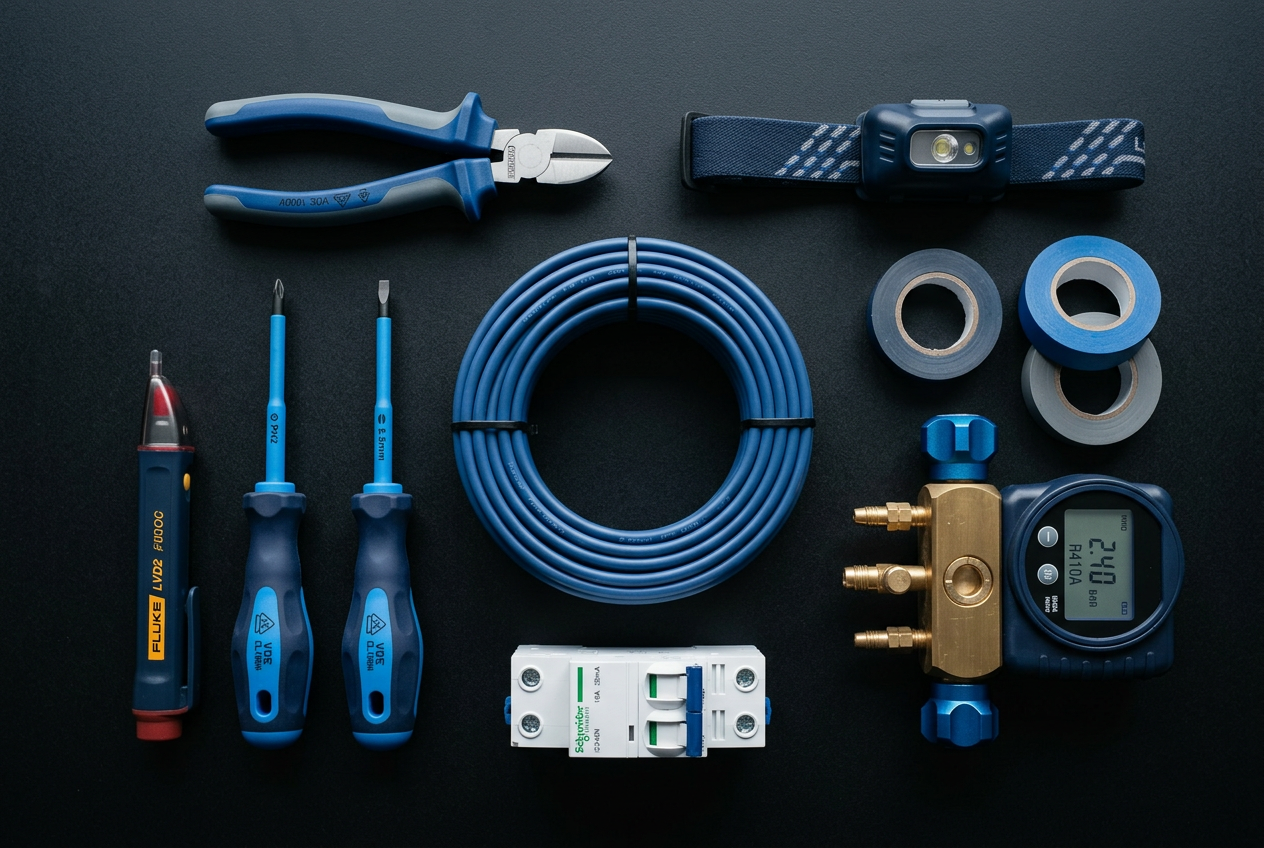 Overhead view of a licensed electrician's tools on a dark timber workbench.