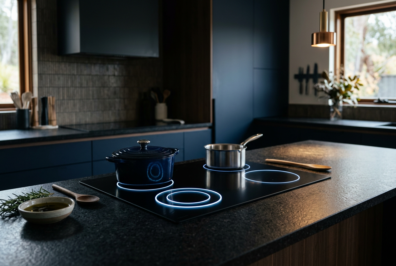 Modern induction cooktop with glowing ring indicators set into matte-black cabinetry with stone benchtop.