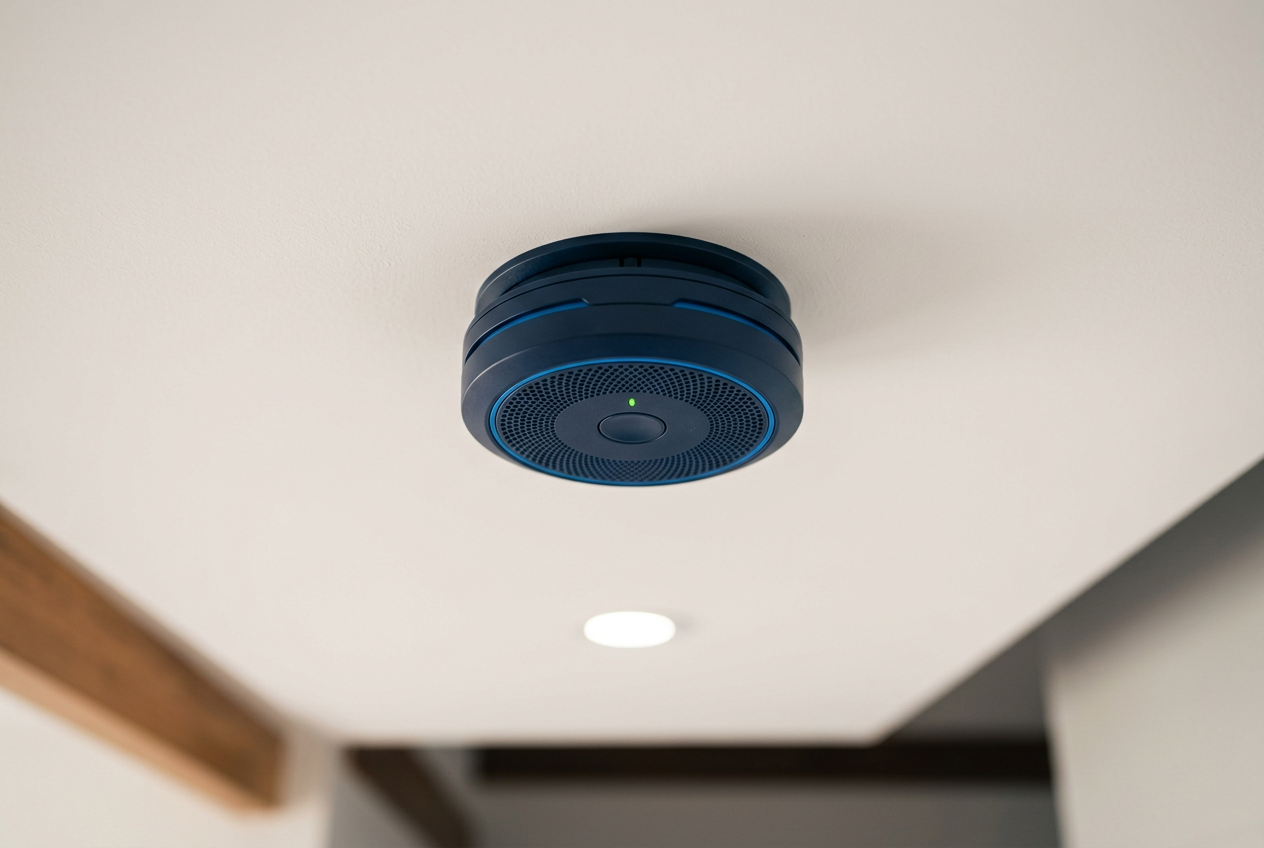 Modern photoelectric smoke alarm mounted on a fresh white ceiling with a small green status LED.