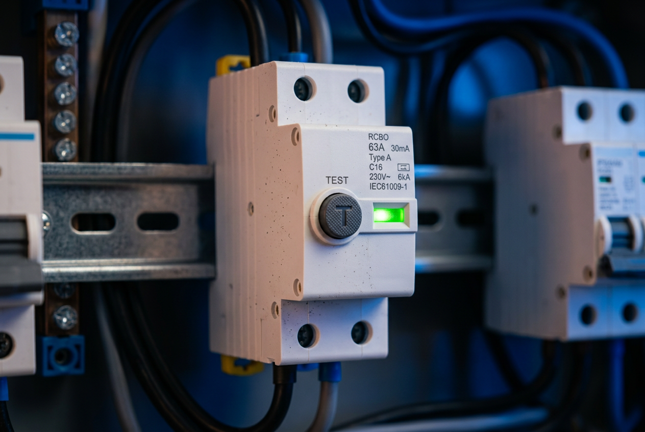 Macro of a modern RCBO safety switch with test button and status light.
