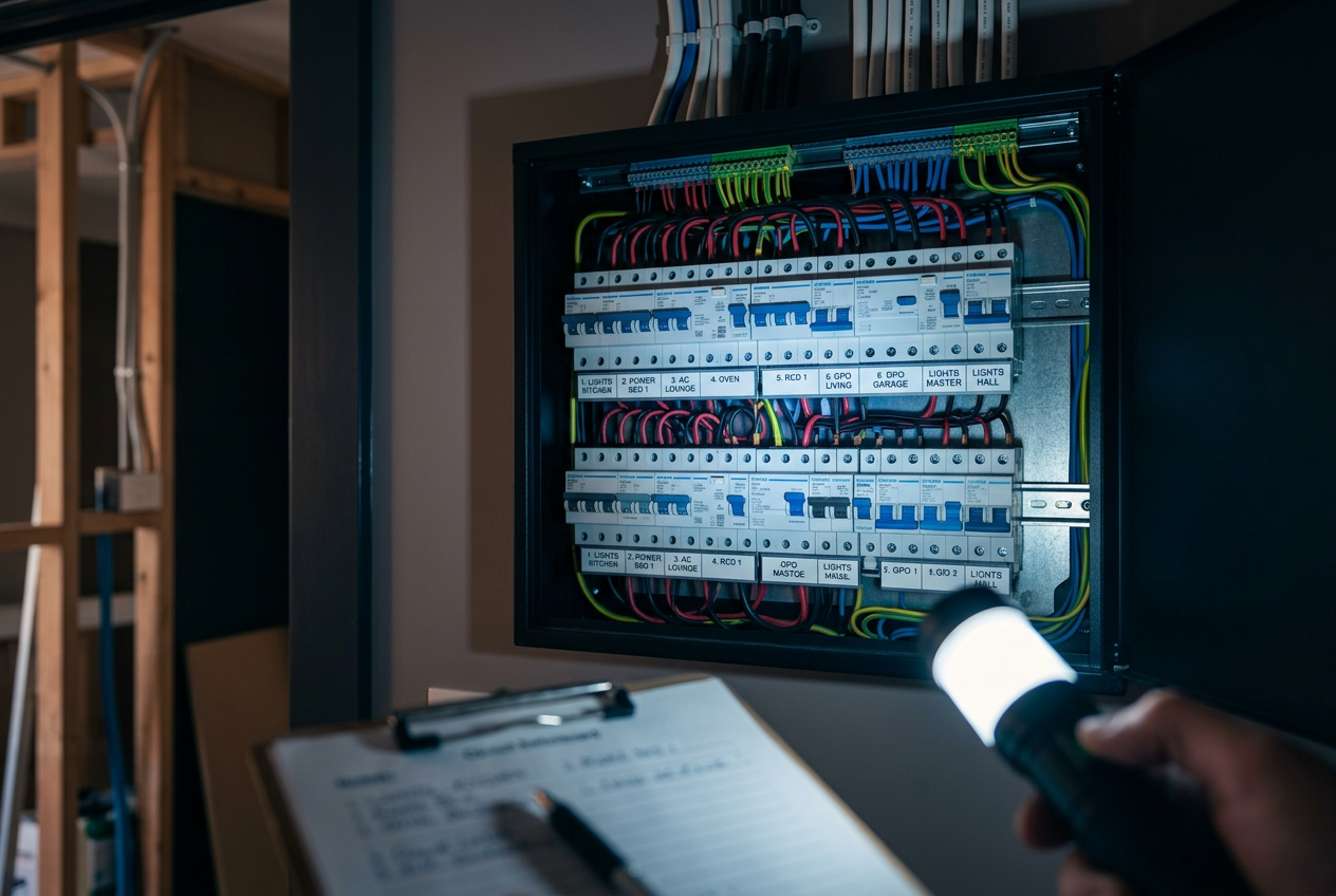 Modern switchboard being checked during a rental inspection with torchlight and inspection notes.