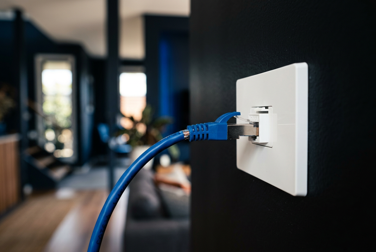 Cat6A data outlet in a modern wall plate with a blue network cable connected.